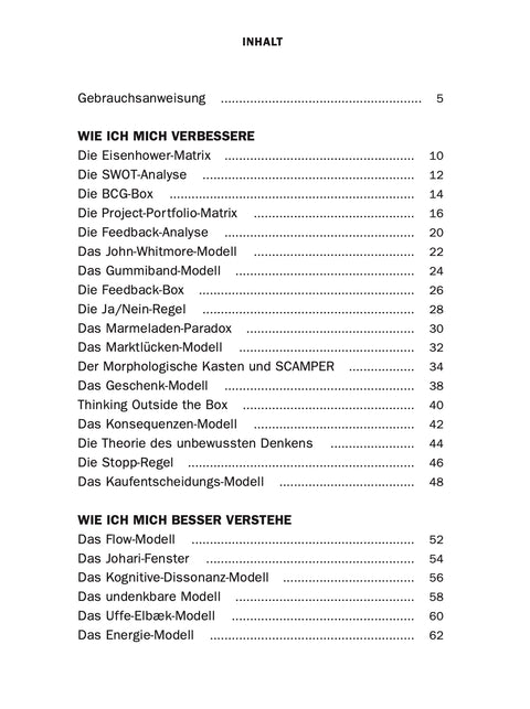 Table of contents of the book ENTSCHEIDEN by Roman Tschäppeler and Mikael Krogerus
