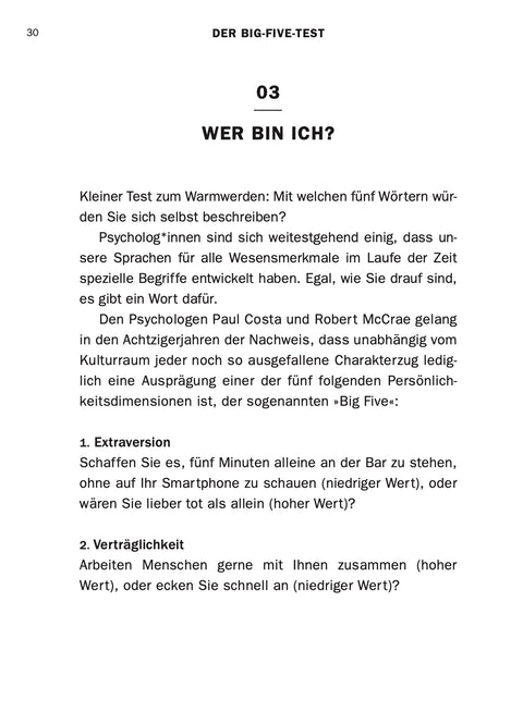 Contents page of the book ERKENNEN by Roman Tschäppeler and Mikael Krogerus (Big Five OCEAN)
